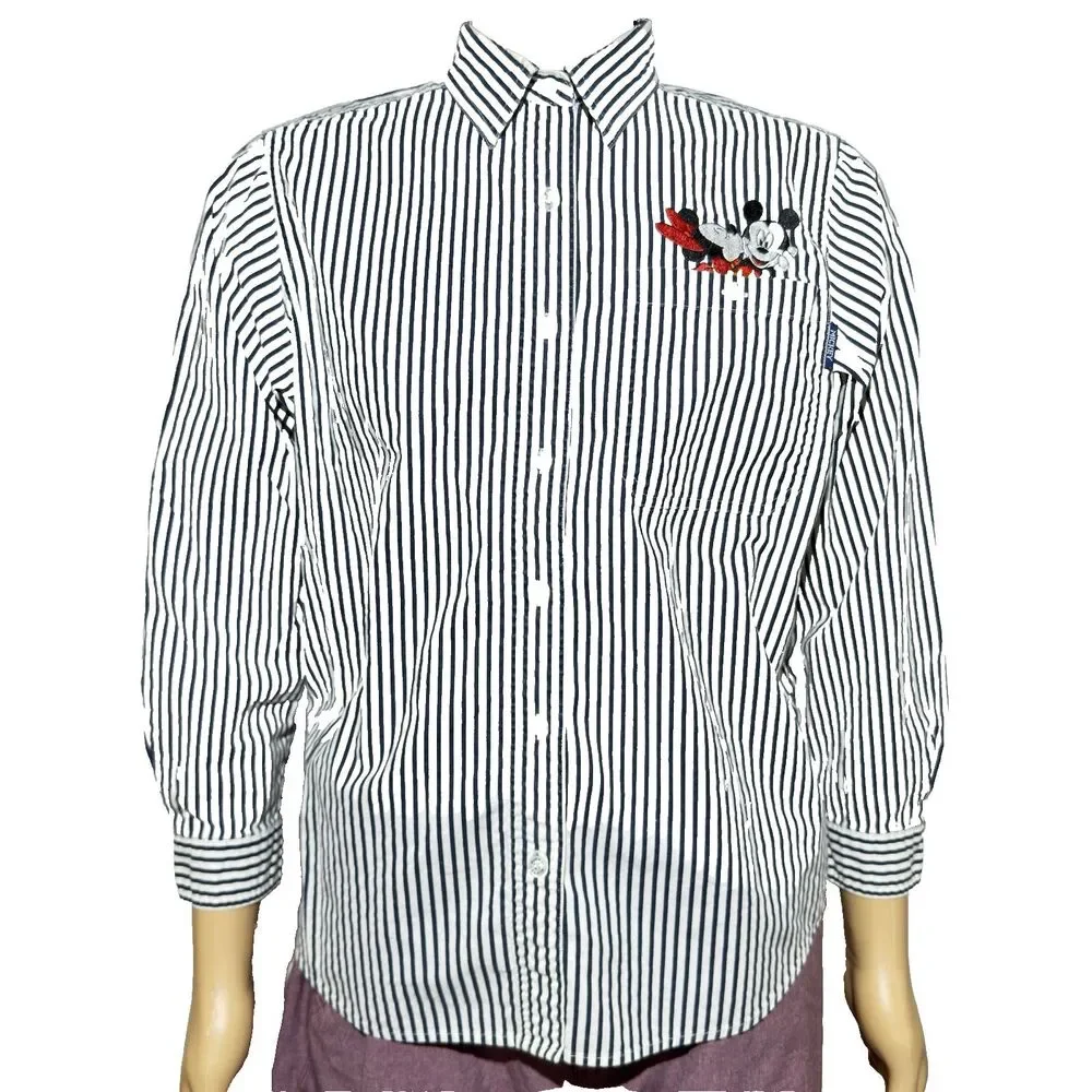 Vtg Mickey Unlimited Disney Stripe Denim Shirt Women’s Medium Button Up EUC - Picture 1 of 11